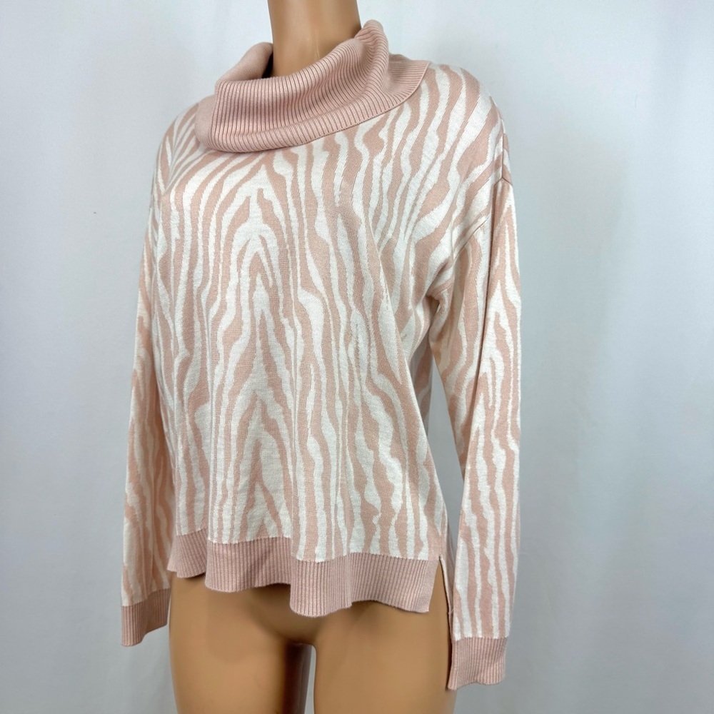 Calvin Klein Women’s S Mock Cowl Neck Sweater Pink/White Zebra Print Long Sleeve - Picture 2 of 10